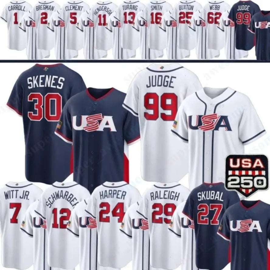 Team USA Baseball Jersey Aaron Judge Paul Skenes Bobby Witt Jr Kyle Schwarber Ca - SitterJersey.com