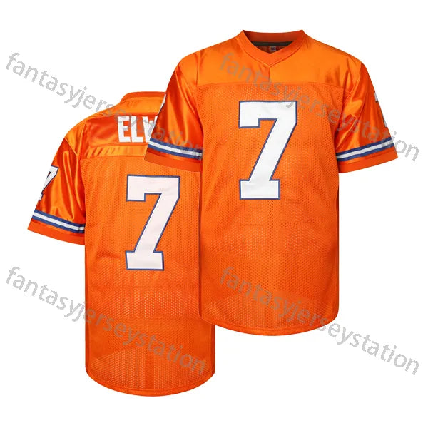 IN STOCK Mens 7 Orange Embroidered Elway Polyester Football Jersey, V-Neck Short - SitterJersey.com