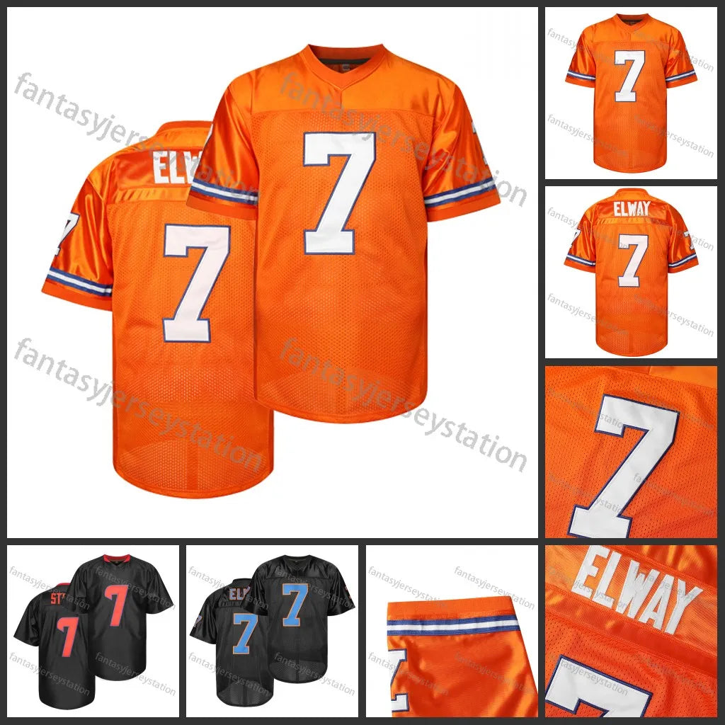 IN STOCK Mens 7 Orange Embroidered Elway Polyester Football Jersey, V-Neck Short - SitterJersey.com