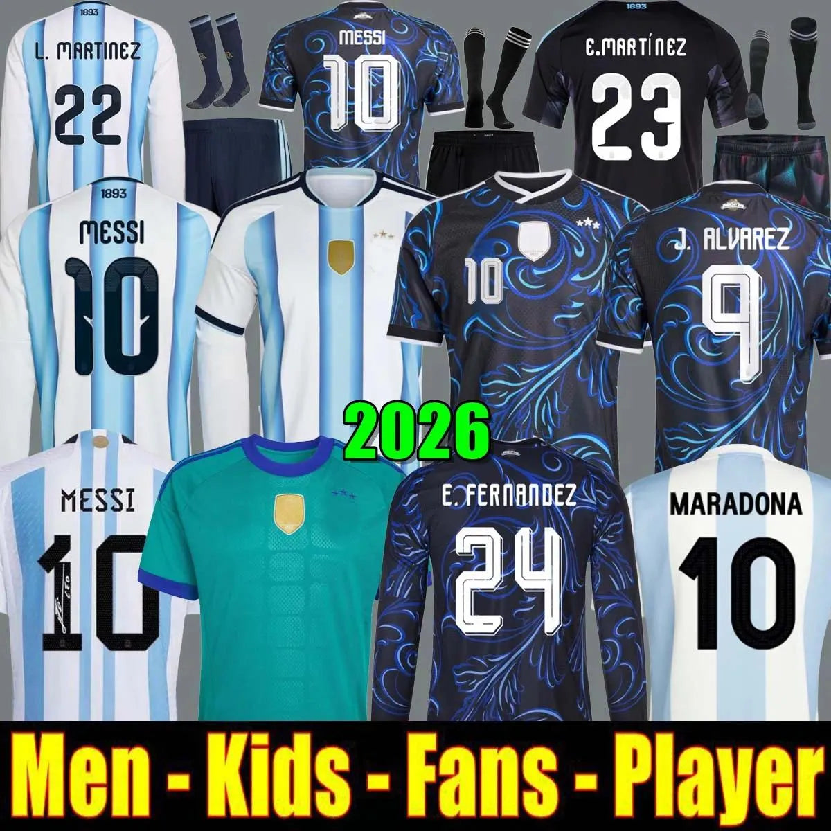 ArgentinaS World Cup soccer Jerseys 26 27 MARADONA J. ALVAREZ FC Men Kids footba - SitterJersey.com
