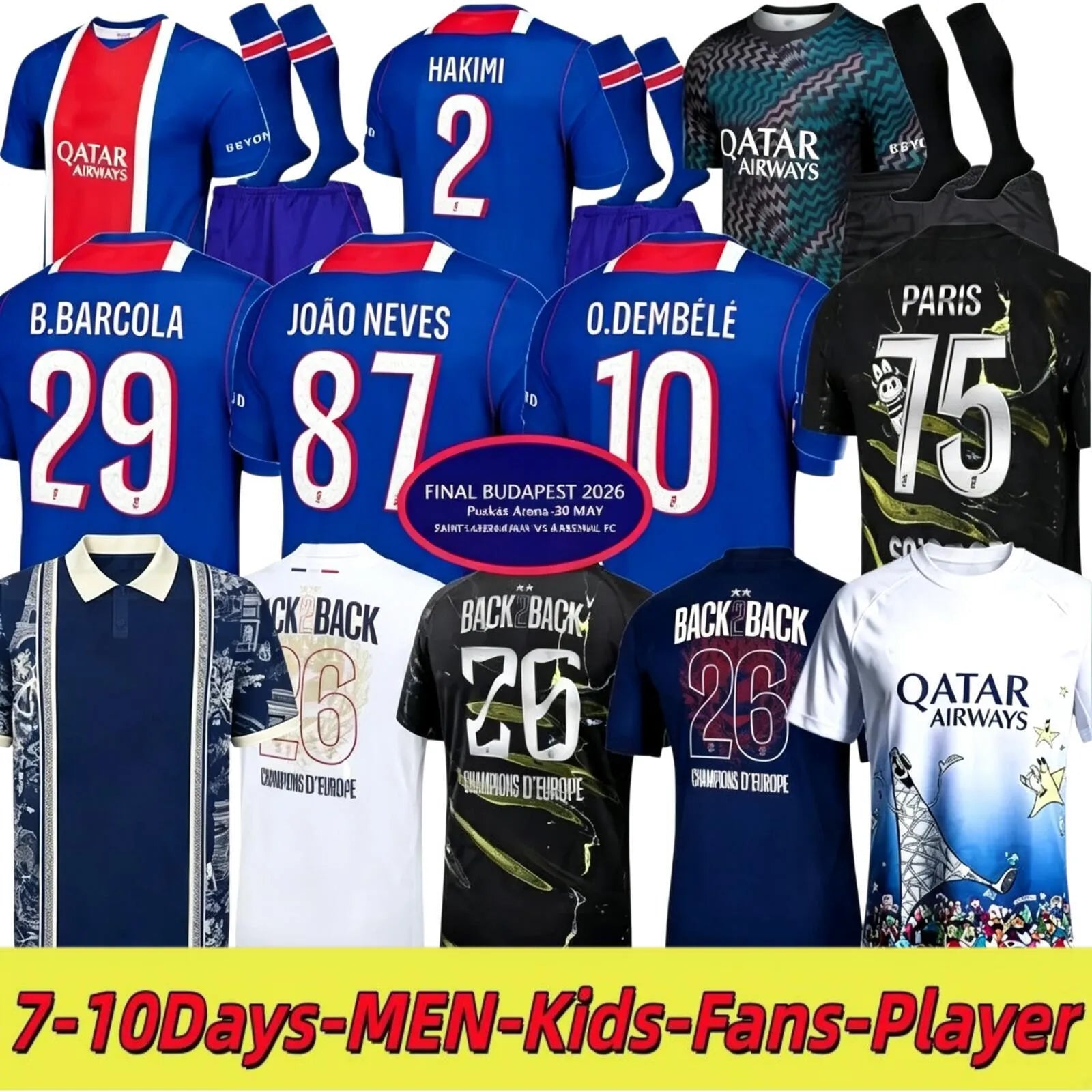 Psge jersey 26 27 DEMBELE HAKIMI BARCOLA NEVES ZAIRE EMERY DONNARUMMA MARQUINHOS - SitterJersey.com